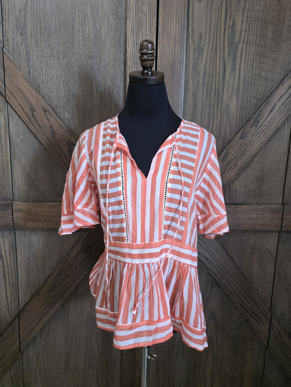 Oliphant Coral and White Striped Peplum Tunic Top
